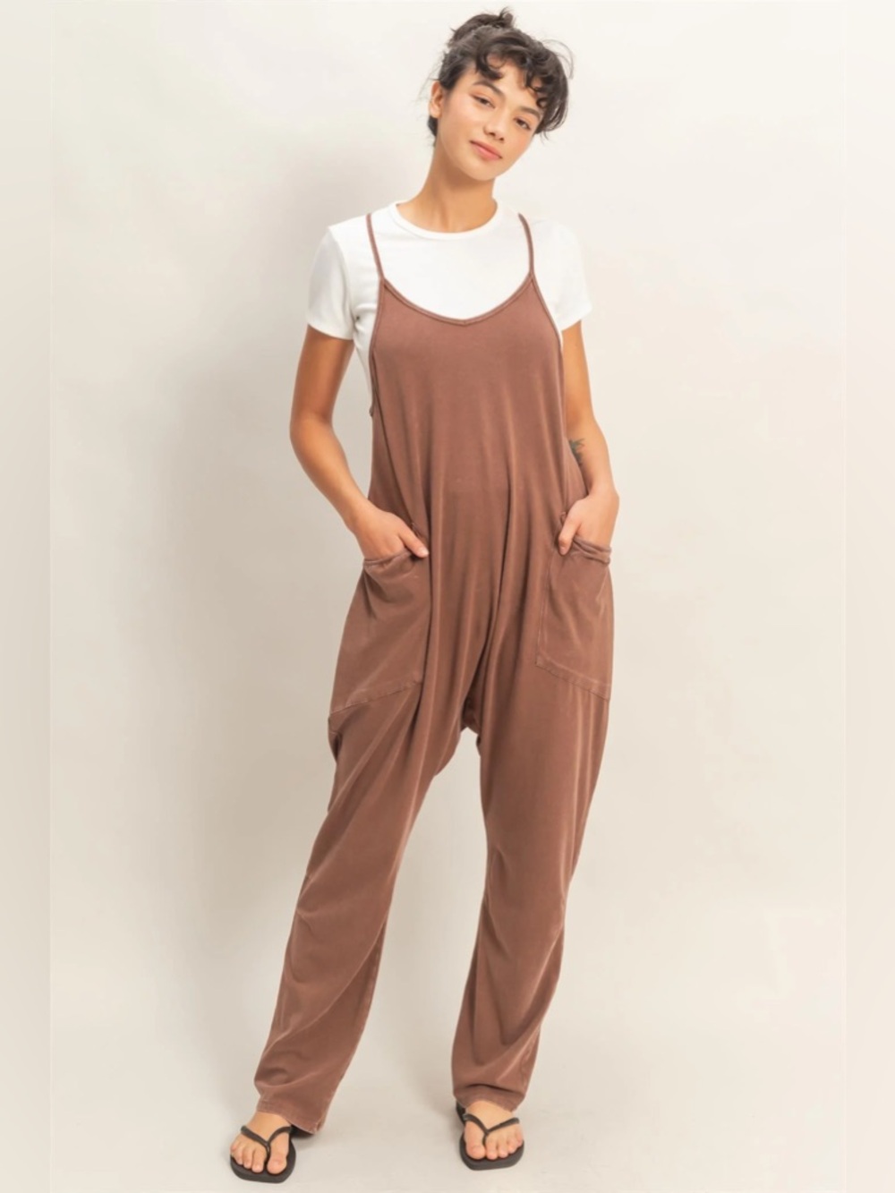 NEW Double Zero Brown Mineral Wash Spaghetti Strap Jumpsuit Size Medium